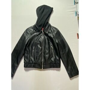 GUESS Los Angeles Womens Faux Leather Moto Jacket Removable Hood Black Medium